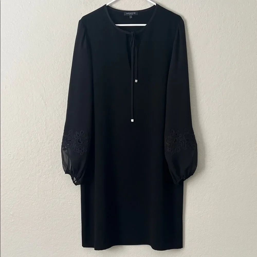 NWT Lafayette 148 Black Long Sleeve Shift Dress Keyhole Embroidered Cuffs in L